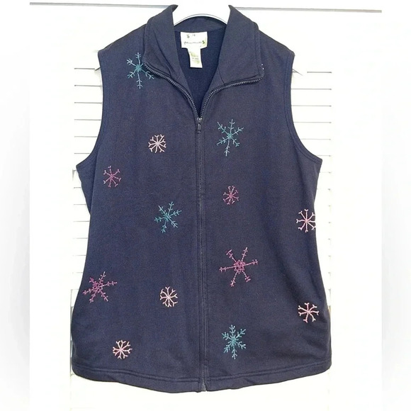 VTG the quacker factory snowflake winter holiday zipper blue vest women’s large - Picture 2 of 6